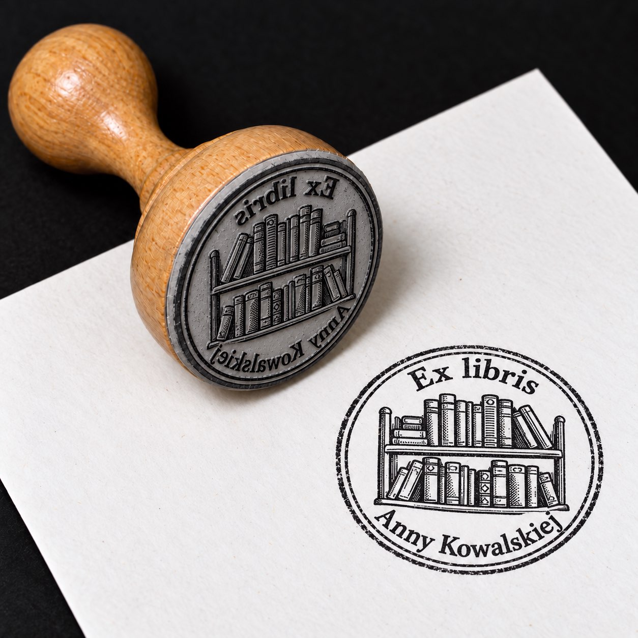 Wizualizacja drewnianej pieczątki ex libris „Domowa biblioteczka” i jej odbitki na białej kartce.