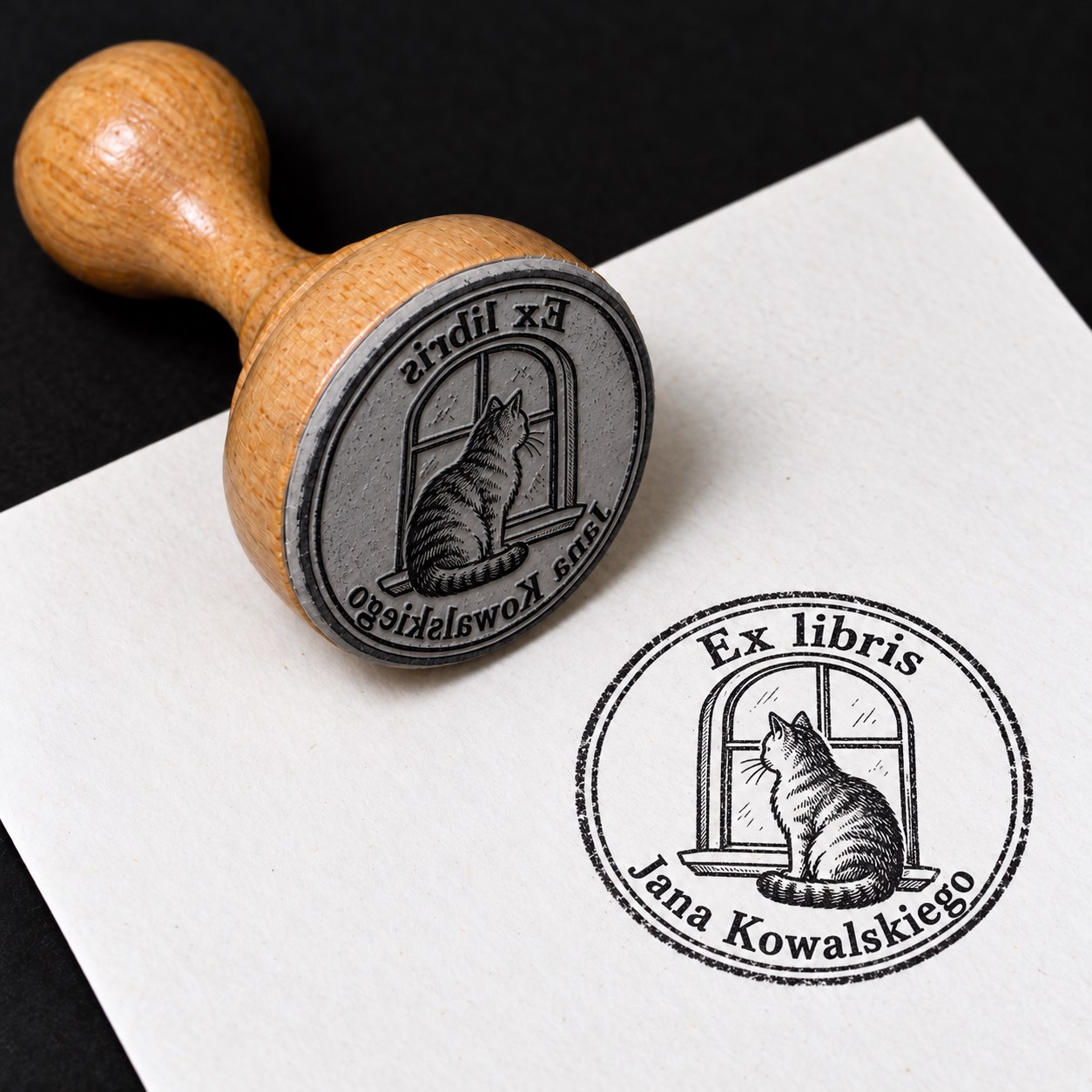 Wizualizacja drewnianej pieczątki ex libris „Kot przy oknie” i jej odbitki na białej kartce.