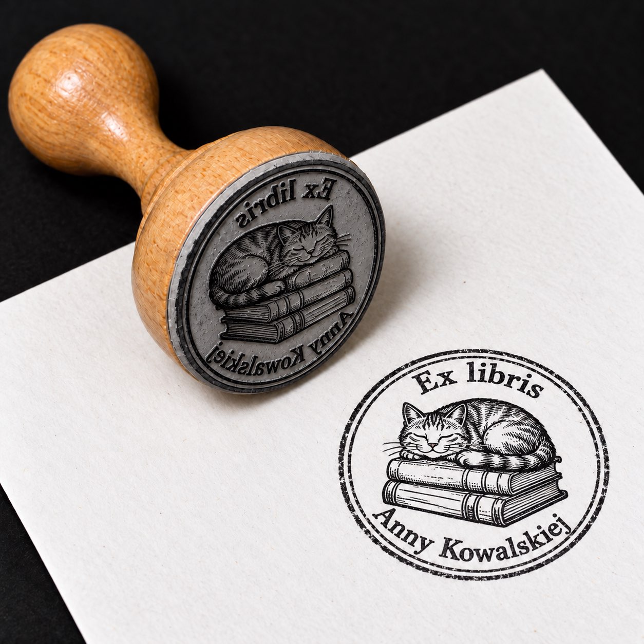 Wizualizacja drewnianej pieczątki ex libris „Kot śpiący na książkach” i jej odbitki na białej kartce.