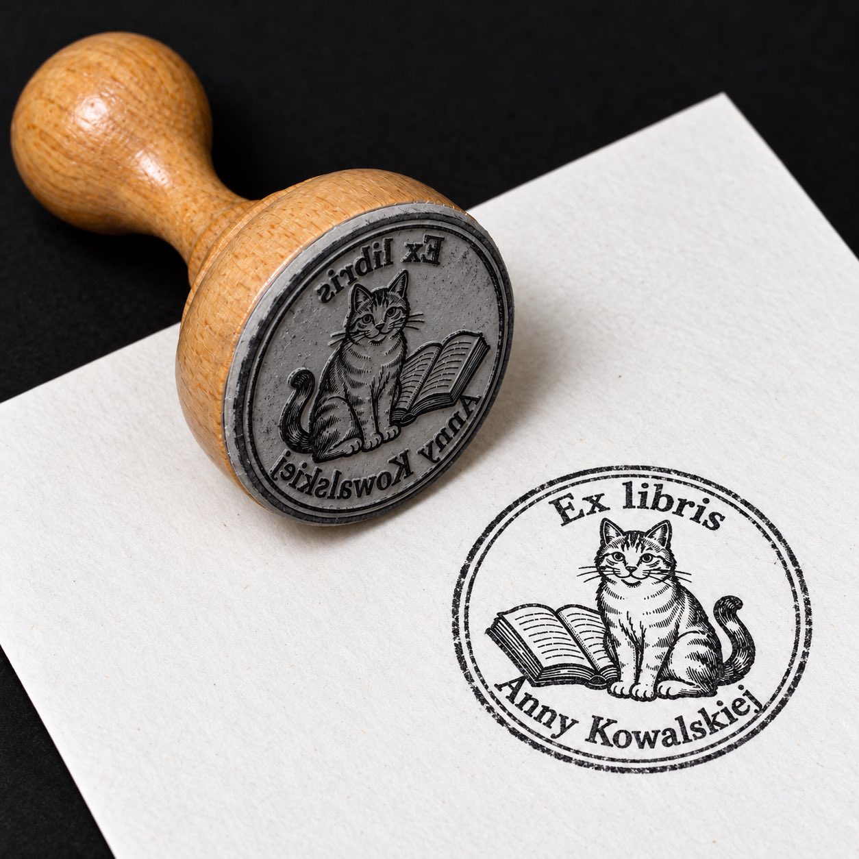 Wizualizacja drewnianej pieczątki ex libris „Kot z otwartą książką” i jej odbitki na białej kartce.