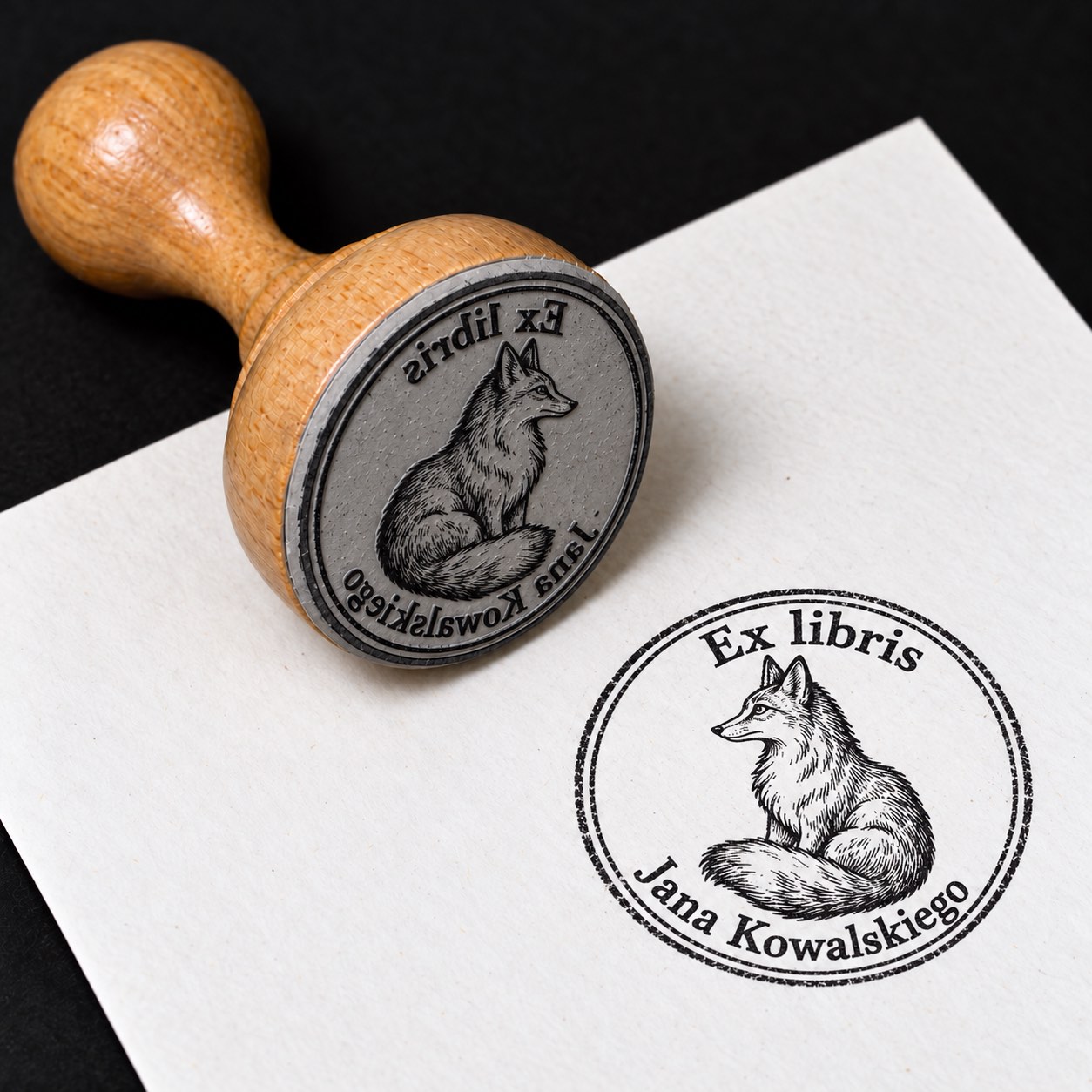 Wizualizacja drewnianej pieczątki ex libris „Lis” i jej odbitki na białej kartce.
