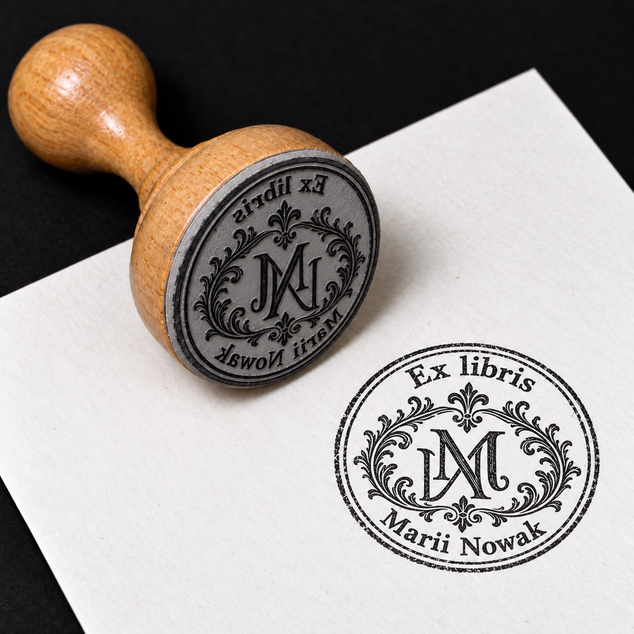 Wizualizacja drewnianej pieczątki ex libris „Monogram w ozdobnej ramce” i jej odbitki na białej kartce.