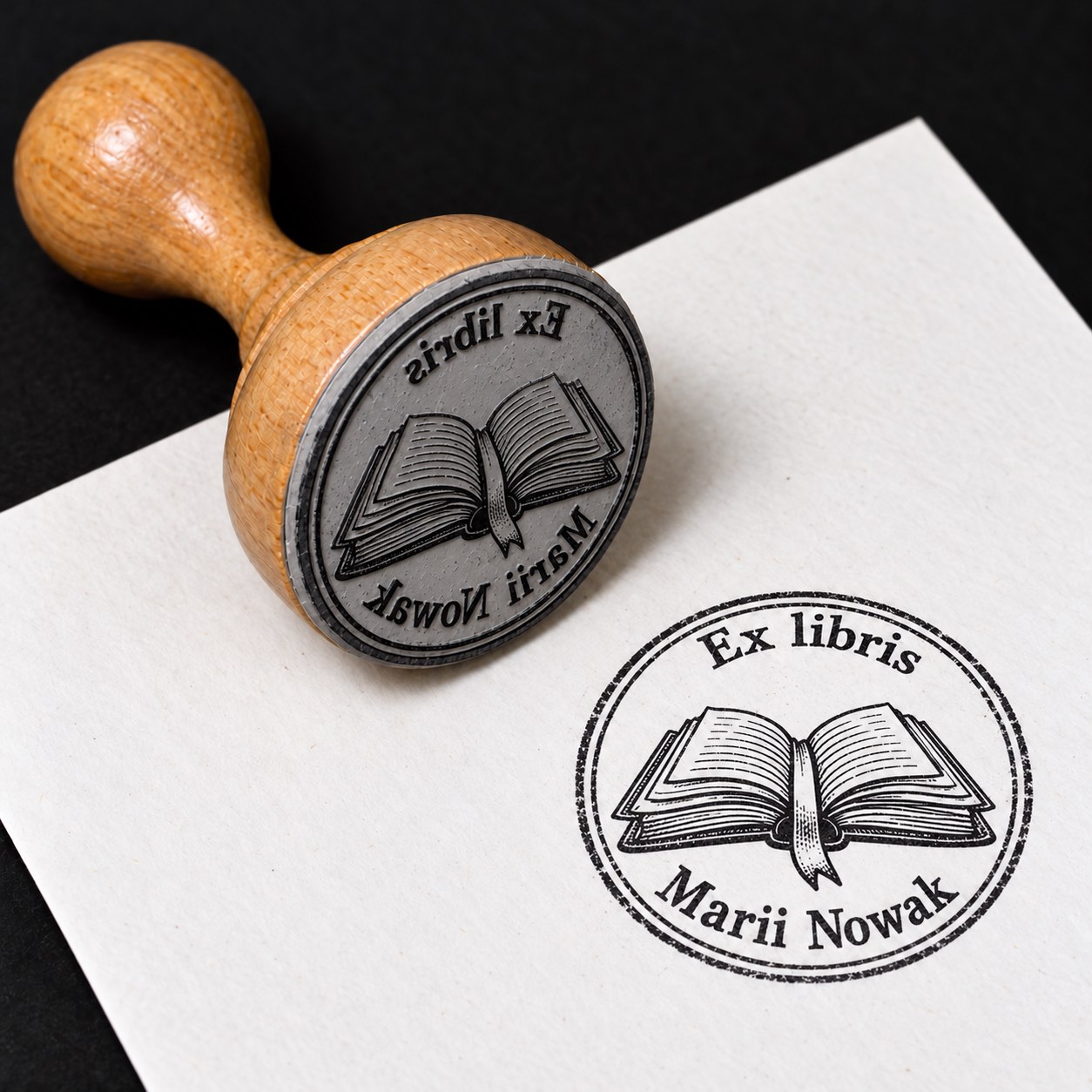 Wizualizacja drewnianej pieczątki ex libris „Otwarta księga” i jej odbitki na białej kartce.