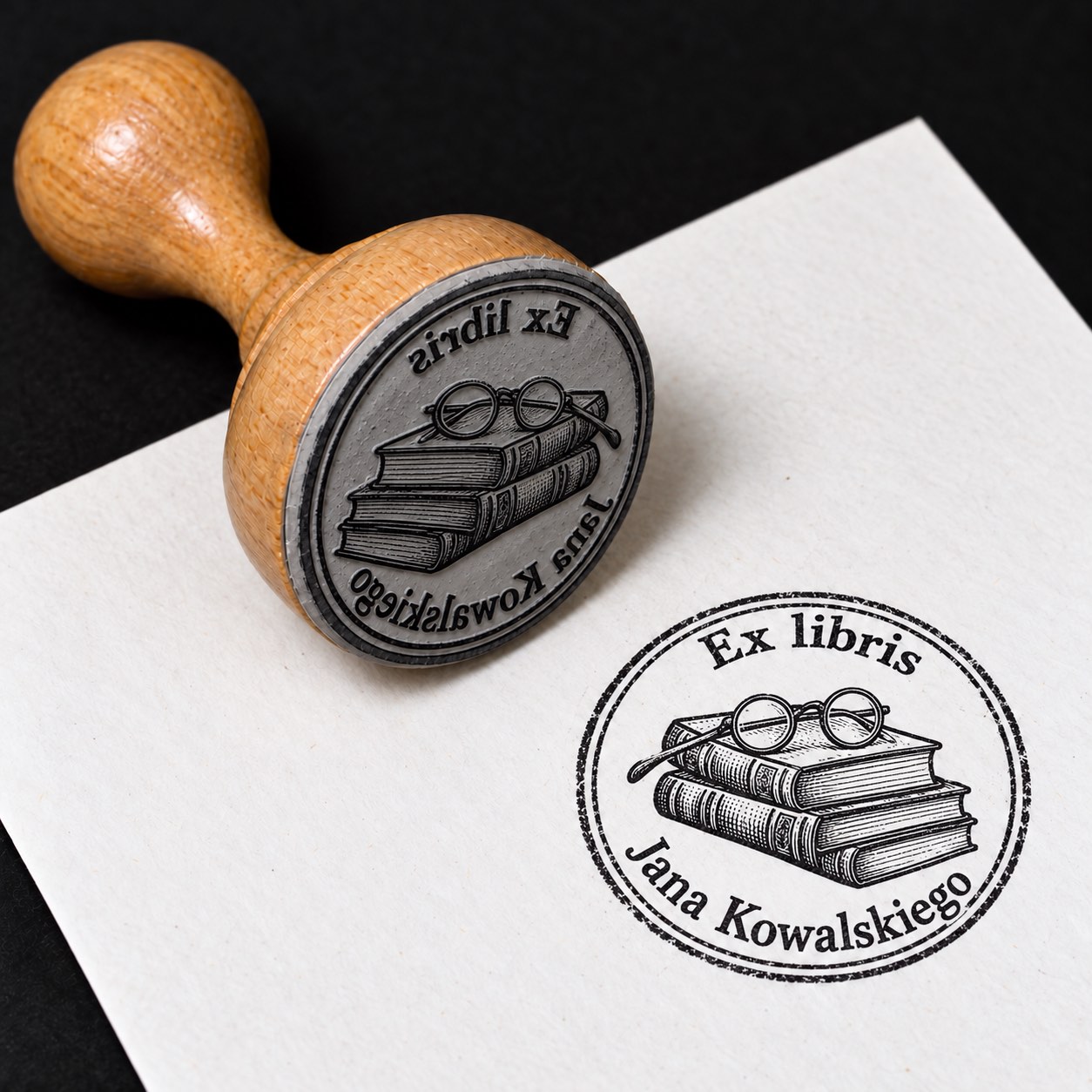 Wizualizacja drewnianej pieczątki ex libris „Stos książek z okularami” i jej odbitki na białej kartce.